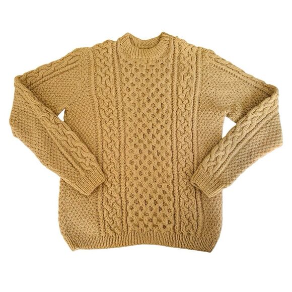 Vintage 90s Sweater Women M* Tan Brown Chunky Cable Knit Crewneck Pullover Aran - Picture 1 of 7